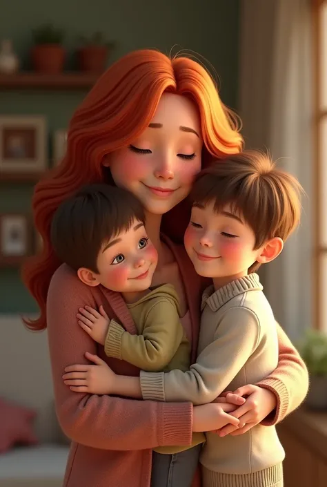 Create me a picture of a redheaded mom with her two boys aged 6 and 5 , 
Qui ont la chevelure brune. 
