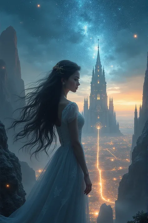 A city of stars, spacious and with an ethereal glow. A beautiful woman in front of everything, with black hair black eyes and white skin. A castle, majestic and ancient, stood like a beating heart in full view of everyone.
