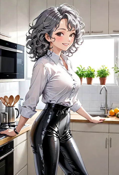 70-year-old Woman Wrinkled skin Grey curly hair Black latex pants White shirt Kitchen Smirk Side view