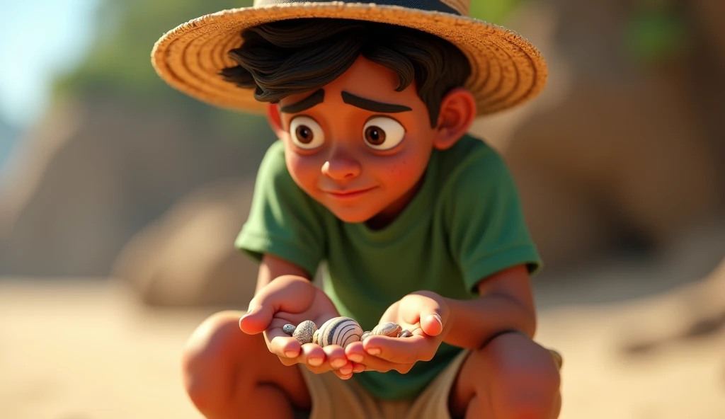 3D Pixar-style, The second friend (a 20-year-old Indian male friend with a green shirt, beige shorts, and a straw hat) examining a few small shells he collected late in the day, looking regretful. Environment: Close-up of his face and hands, with soft ligh...