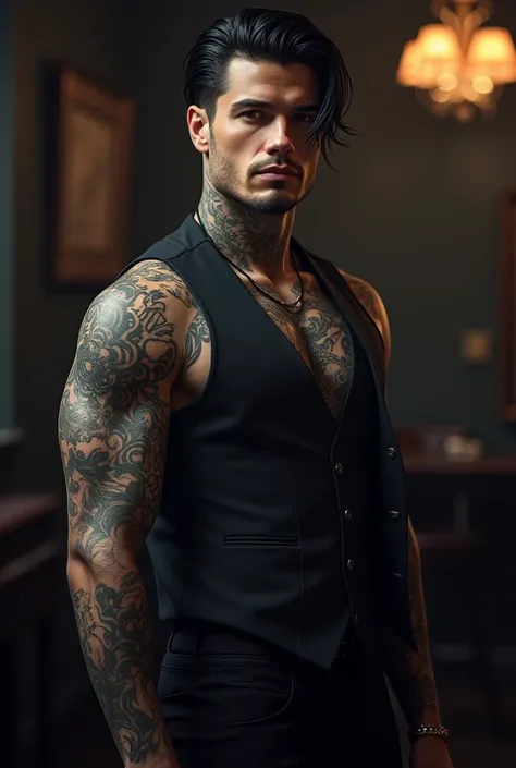 Tattooed man with black hair and suit