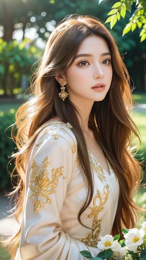 a gorgeous princess, 1girl, beautiful detailed eyes, beautiful detailed lips, extremely detailed face and portrait, long eyelashes, flowing golden hair, elegant royal dress, beautiful jewelry, delicate facial features, serene expression, sunlit outdoor gar...