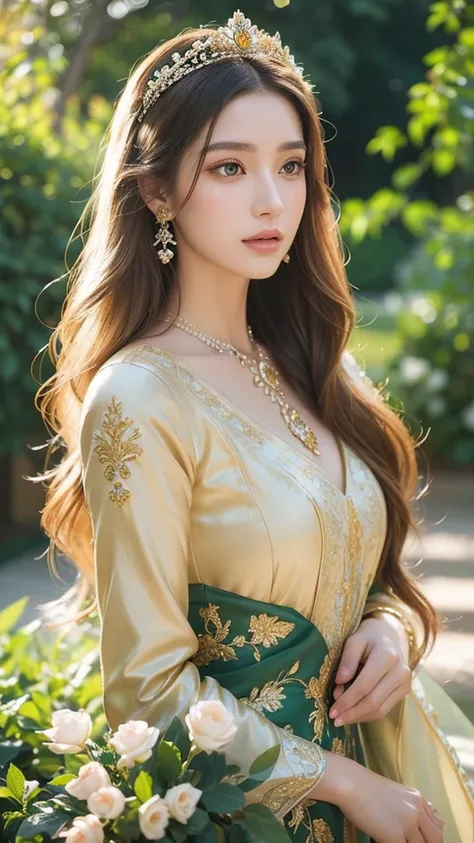 a gorgeous princess, 1girl, beautiful detailed eyes, beautiful detailed lips, extremely detailed face and portrait, long eyelashes, flowing golden hair, elegant royal dress, beautiful jewelry, delicate facial features, serene expression, sunlit outdoor gar...