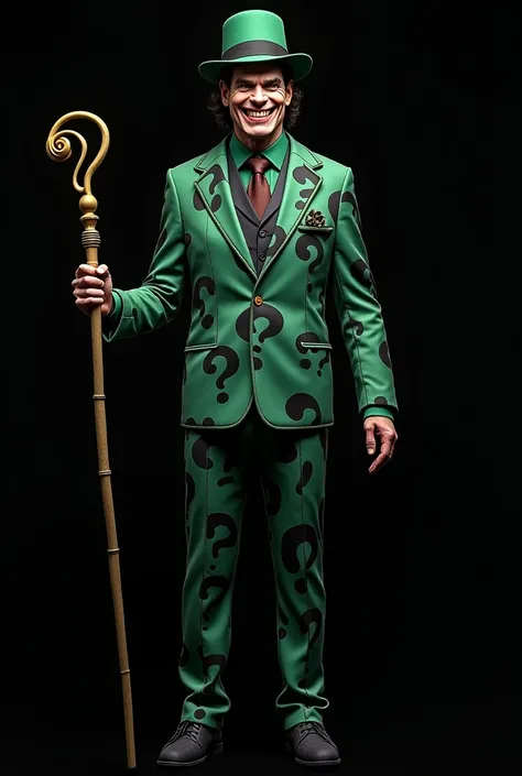 Jim Carrey smiling sadistically wearing a pine green and black suit printed with question marks and wearing a pine green hat and holding a golden stick with a quenstion mark at the top, black background