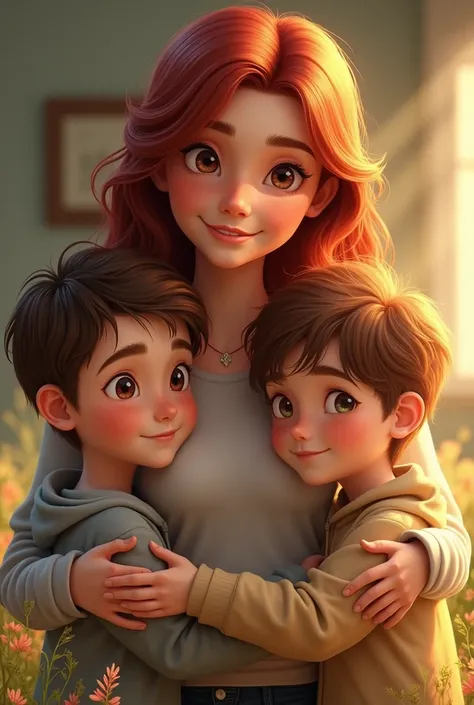 A mom with dark red hair , and these two boys aged 6 and 5 , with brown hair 