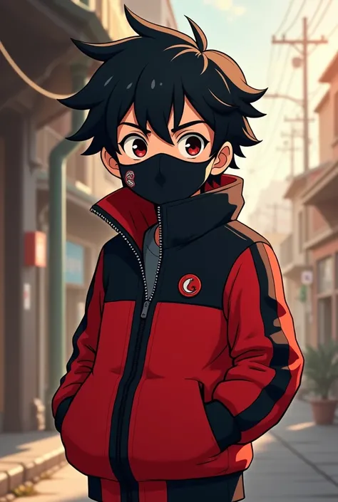 2d animation 
 a boy who wear a jacket which colour in red and black combination and black hair and fair skin and mask on his face