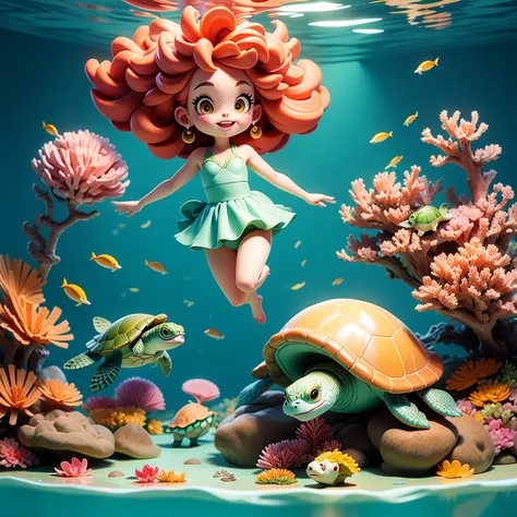 In the water，Coral Reef，Girl swimming with turtle，Sea Turtle，Big Turtle，SD Model