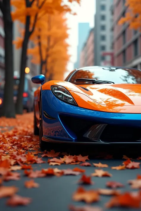 up close, Orange and Blue SKYLINER32, sports car parked on a street covered with leaves in autumn in a (city:1.3), fall, global illumination, volumetric lighting, best quality, highly detailed, cgi, illustration, octane render,  