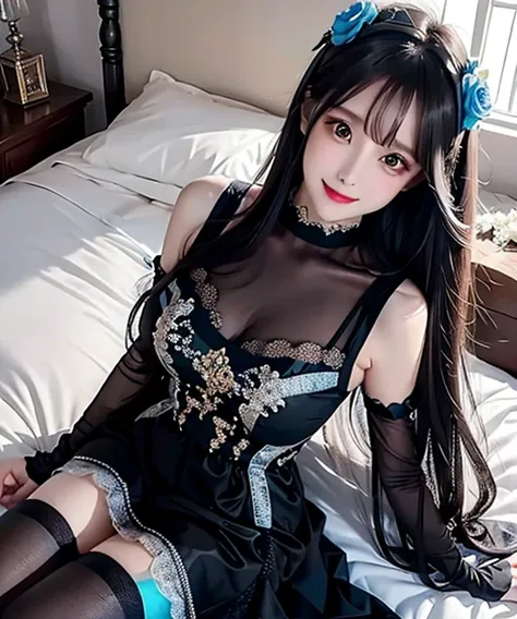 18k, a woman beautiful dress, ((sea color dress and black stocking)), sea color flowers in head up, smile, realistic  high detailed, ultra realistic, indoor room bed sleep