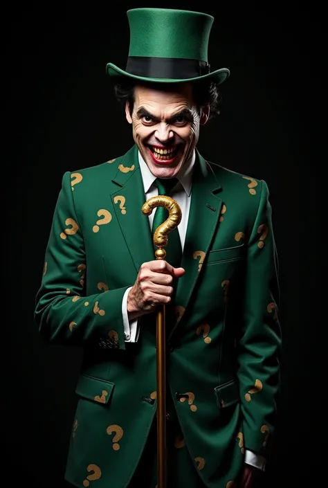 Jim Carrey smiling sadistically wearing a pine green and black suit printed with question marks and wearing a pine green hat and holding a golden stick with a quenstion mark at the top, black background realistic image 