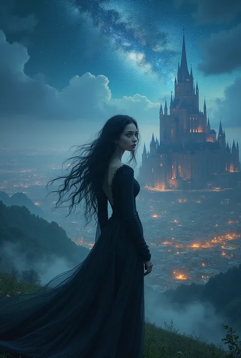 A shining city of stars, 
night, spacious and green, with an ethereal shine. A beautiful woman in front of everything, with black hair black eyes and white skin. and back, A castle, majestic and ancient, 
