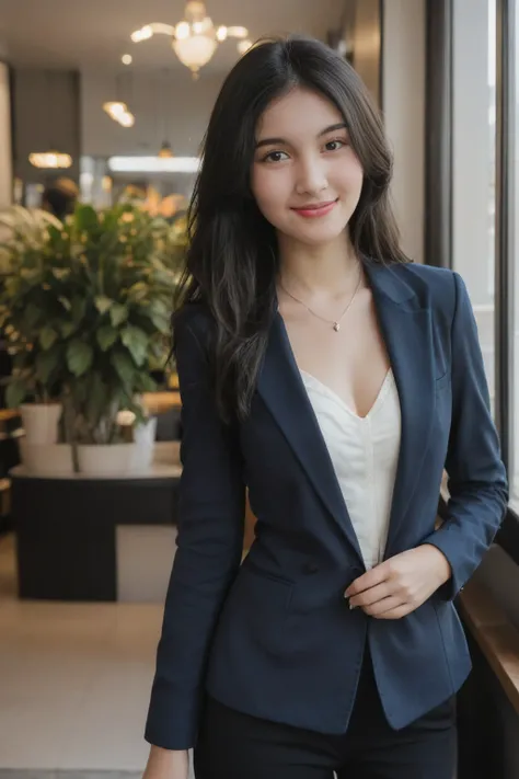 A high-resolution, wide angle shot, 8K close up portrait of a beautiful 20-year-old woman with a flirtatious smile, detailed skin, and clear eyes. She has long black hair and dark brown eyes with slight dark circles, looking at viewer. The image features n...