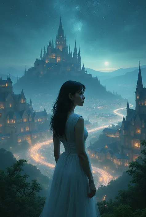 A shining city of stars, 
night, spacious and green, with an ethereal shine. 

A beautiful woman in front of everything, with black hair black eyes and white skin. 

and back, A castle, majestic and ancient, 
