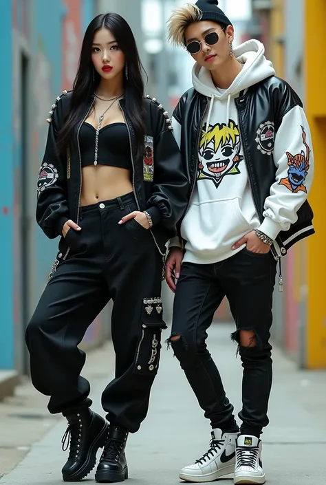 Create a high-definition, photorealistic image of a Korean girl and a blonde boy in a K-pop hip-hop style photoshoot. The Korean girl has long, straight black hair with a sleek finish and deep black eyes. Her bold makeup includes dark eyeliner, thick masca...