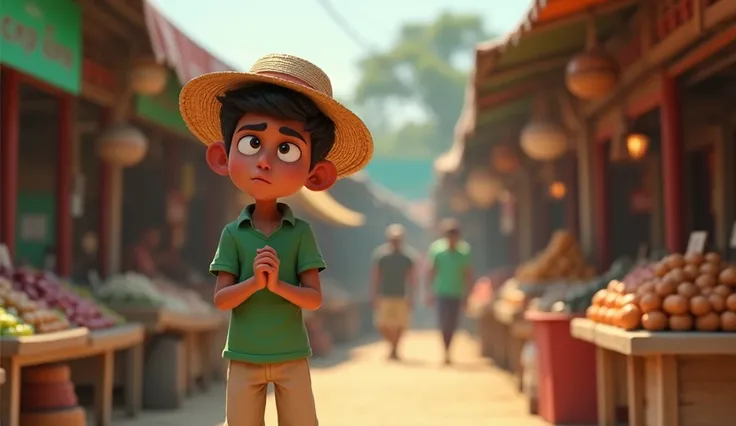 3D Pixar-style, The second friend (a 20-year-old Indian male friend with a green shirt, beige shorts, and a straw hat) standing, looking regretful. Environment: A contrasting Conch market scene with muted colors around , Close-up of his face and hands, wit...