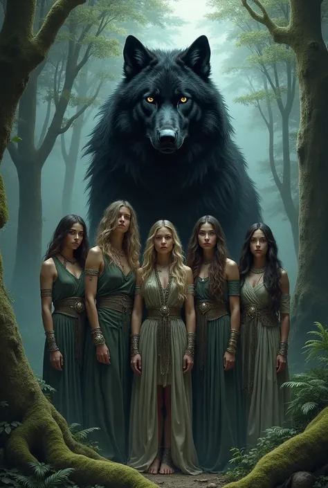 women with big black wolf protecting 