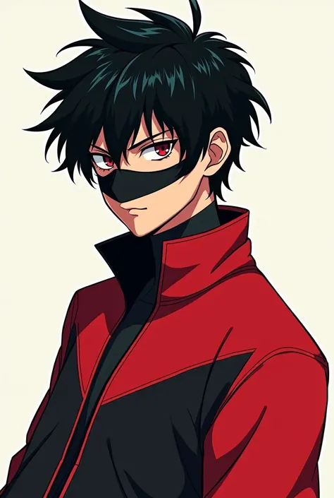 2d anime
 a boy who wear a jacket which colour in red and black combination and black hair and fair skin and mask on his face baddass