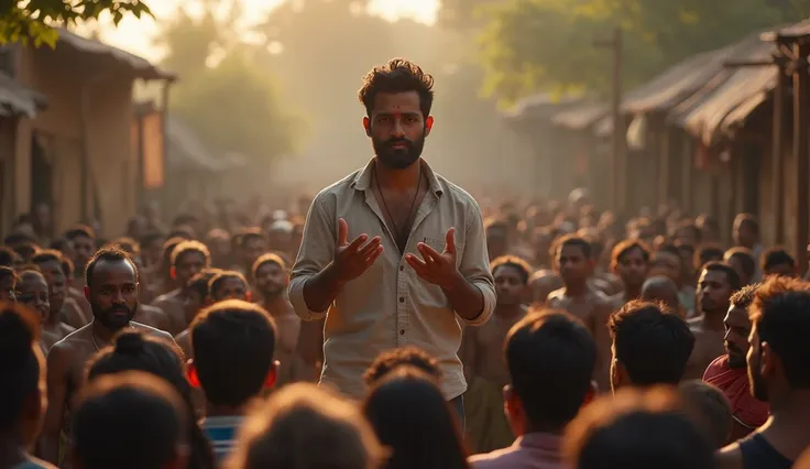 **Ajay giving a motivational speech** – Ajay stands on a stage or platform, confidently addressing a crowd of villagers, inspiring them with his journey.