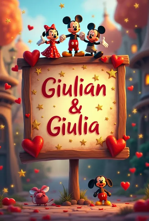 Creer une pancarte ecrire Giulian & Giulia with Disney character with lots of little gold stars and little red heart 