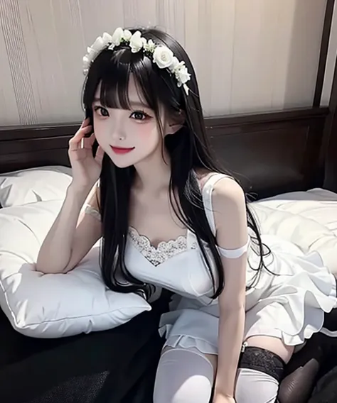 18k, a woman beautiful dress, ((white dress and black stocking)), white flowers in head up, smile, realistic  high detailed, ultra realistic, indoor room bed sleep