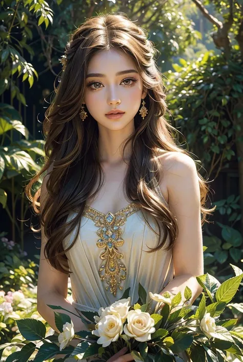 a gorgeous princess, 1girl, beautiful detailed eyes, beautiful detailed lips, extremely detailed face and portrait, long eyelashes, flowing golden hair, elegant royal dress, beautiful jewelry, delicate facial features, serene expression, sunlit outdoor gar...