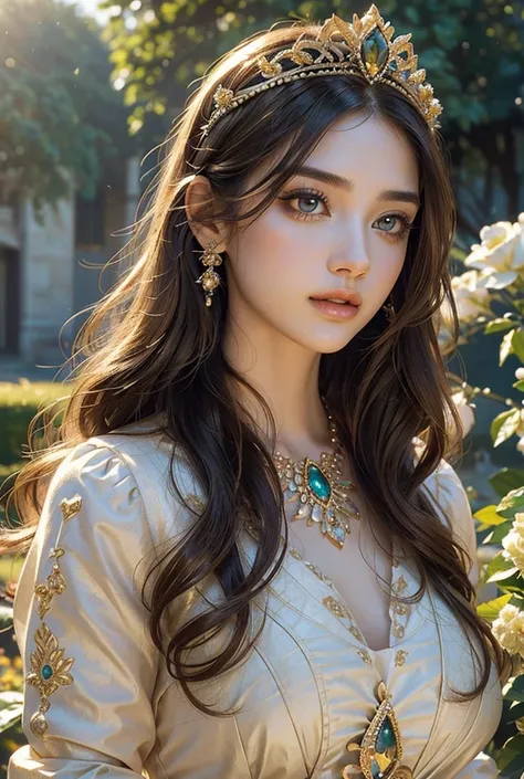 a gorgeous princess, 1girl, beautiful detailed eyes, beautiful detailed lips, extremely detailed face and portrait, long eyelashes, flowing golden hair, elegant royal dress, beautiful jewelry, delicate facial features, serene expression, sunlit outdoor gar...