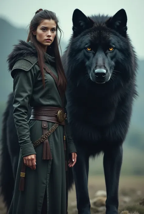 woman with big black wolf protecting 