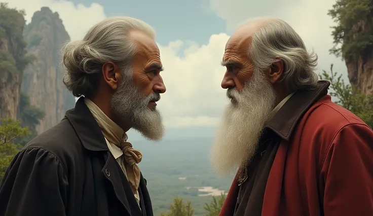 Classic portrait of Lamarck and Darwin in confrontation, in a wide and detailed landscape. Both appear from the shoulder up., with intense expressions and staring at each other. Lamarck is on the left, with beard and gray hair, wearing period clothing. Dar...