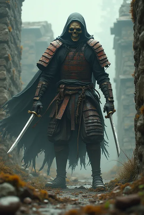 A headless samurai ghost wearing rusted armor, holding two blood-stained swords in its hands. It floats menacingly above the ground at an ancient battlefield or old castle ruins, emanating a sense of vengeance and unresolved fury."

