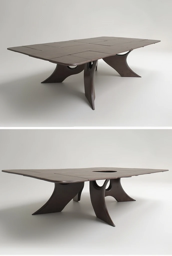 Design a dining table with a parametrically generated surface, where the legs can be repositioned based on seating arrangements or room size, and the tabletop evolves into various geometric patterns.
