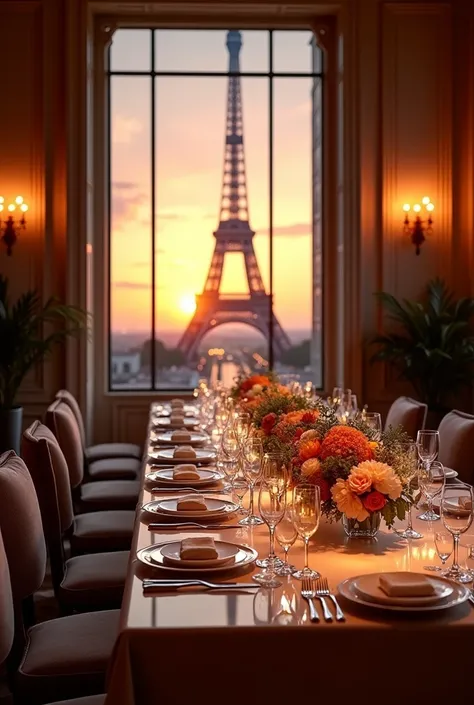 (masterpiece:1.2, Highest quality, Ultra-high resolution, Very detailed, Realistic, RAW Photos:1.2, Elaborate photos), 8k, wallpaper, (Ray Tracing), (A lavish dining room with floor-to-ceiling windows offering an unbeatable view of the Eiffel Tower at suns...