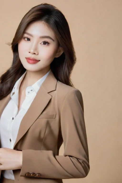 Portrait of a beautiful Thai woman with fair skin, wearing office attire look at the viewer. She is posed in a professional setting with a light brown background. The image should have a soft, warm tone that complements her complexion and outfit. Capture h...