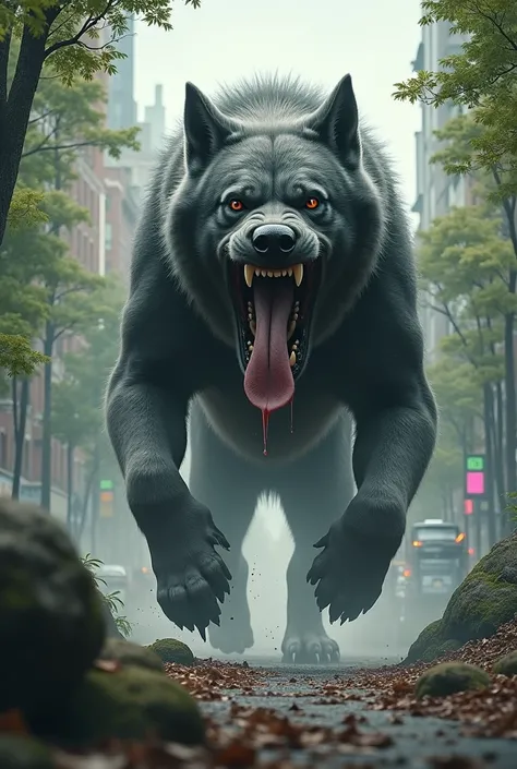 A large gray dog with its tongue sticking out of its fangs, out of the woods, invades the city 