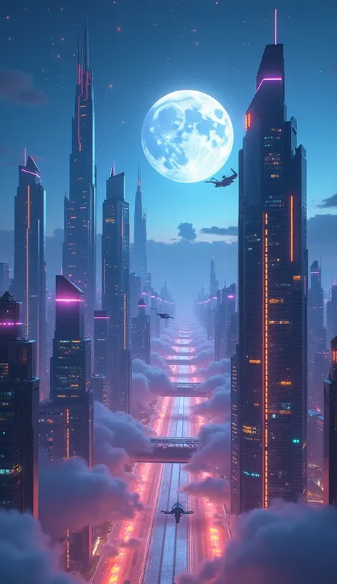 "A futuristic city skyline at night, with glowing neon lights, flying cars, and towering skyscrapers piercing through the clouds, under a sky filled with stars and a large moon."