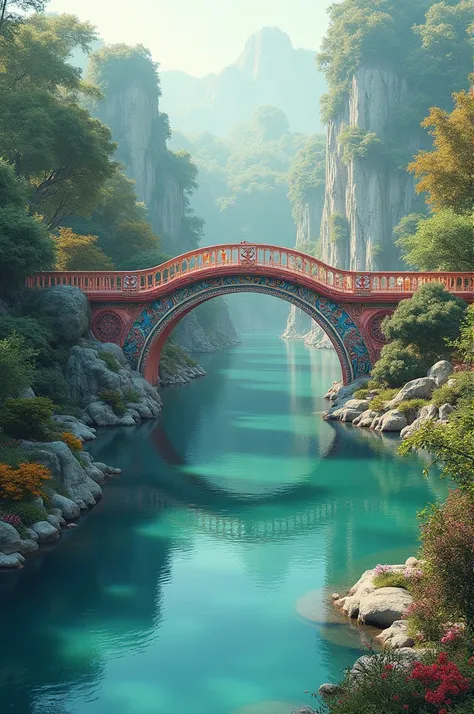 a large body of water with a colorful bridge in the middle of it and a park in the background, Ella Guru, samikshavad, lake, a detailed matte painting