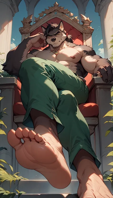 big, furry, muscular male, black wolf, ponytail hair, mature man, sitting on throne, barefoot, green pants, topless, crossed leg...