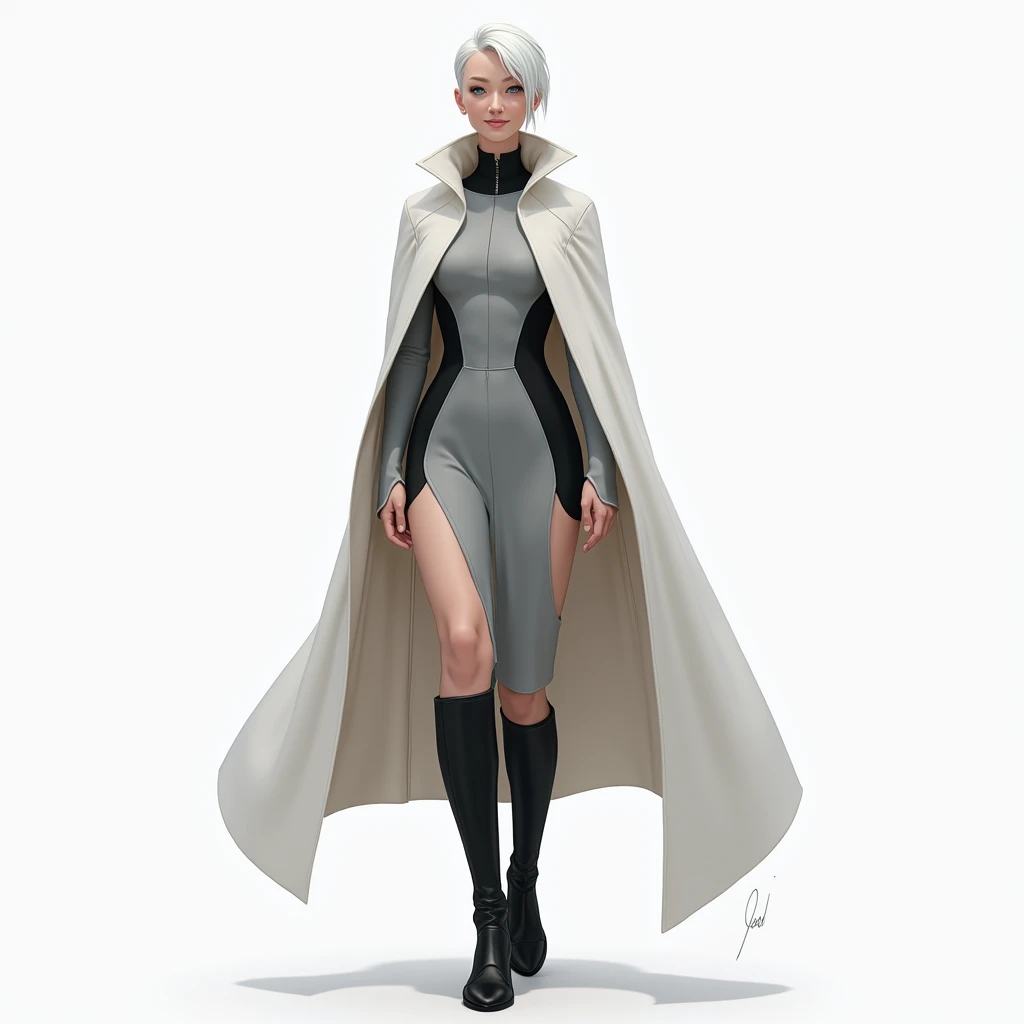 Hero Costume She is a young woman of about 2, tall and slender, with slightly pale white skin giving her a distinctive appearance. Her hair is short, smooth, white, cut straight to her chin. Her eyes are a light blue, reflecting a calmness but with an inne...