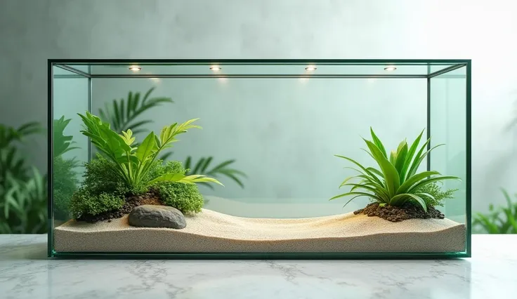 create a detailed image of a rectangular glass terrarium that is wide, thats all,No grass inside,Just fine sand and gravel
