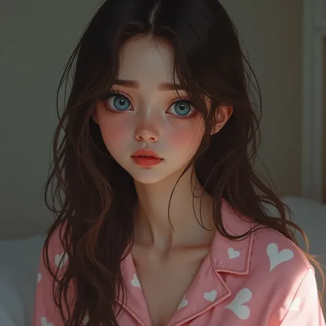 Beautiful woman with long brown hair and wide blue eyes wearing pink pajamas with sad white hearts