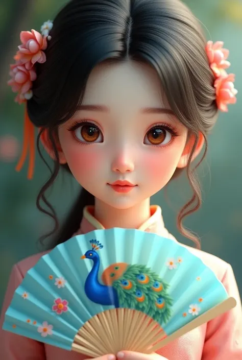 a close up picture of 3d cute Vietnamese girl wears flowery vietnam traditional outfits is holding a blue hand fan which is has peacock picture on the fan.