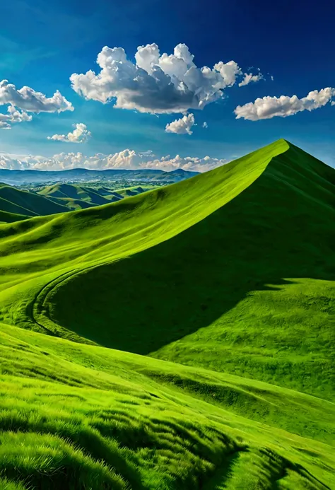 Hills and mountains with green grass, a beautiful blue sky and huge blankets made of 