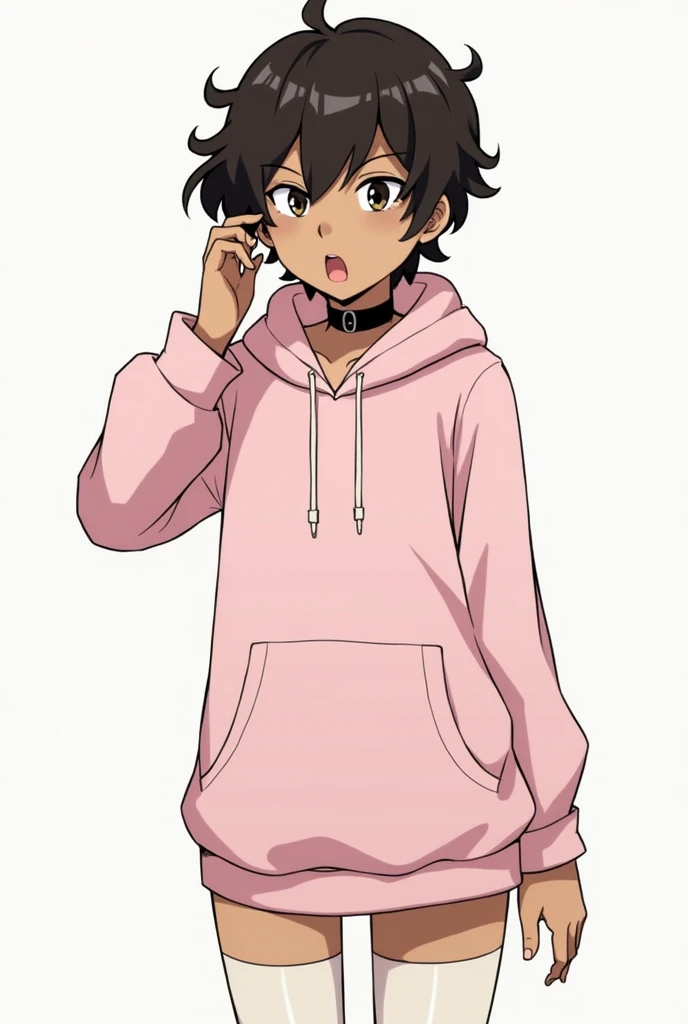 Effeminate dark-skinned boy, black collar on his neck, black Hoodie,White long stockings