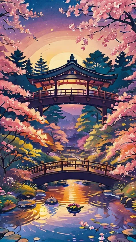 Create a serene scene in a tranquil Japanese garden during sunset. The sky is a beautiful blend of oranges and purples as the sun sets behind gently rolling hills. A koi pond reflects the vibrant colors, with lily pads floating gracefully on the surface.
I...