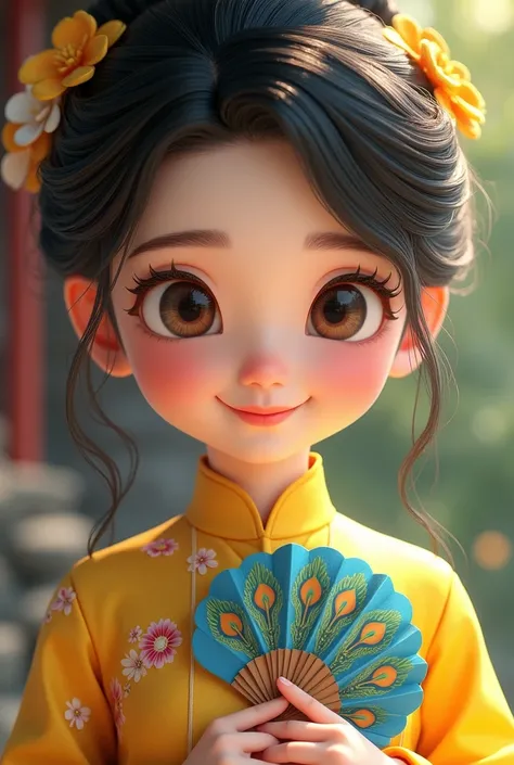 a close up picture of 3d cute Vietnamese girl wears flowery yellow vietnam traditional outfits is holding a blue round hand fan which is peacock picture on the fan.