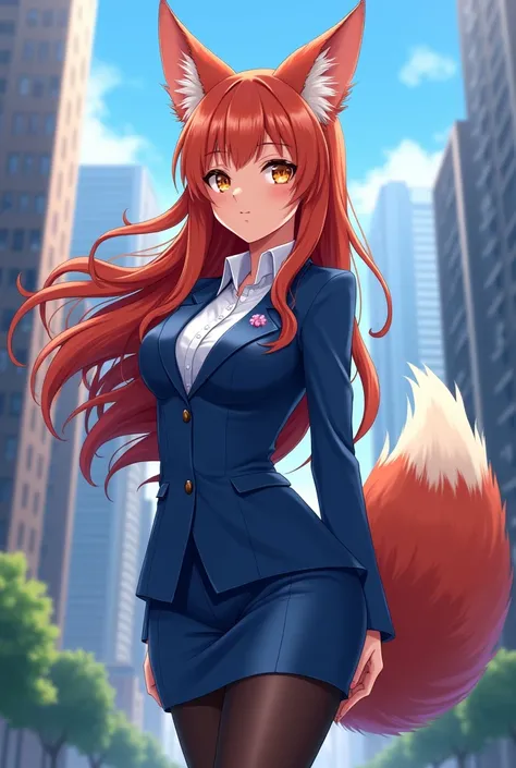 Please make a fox girl OL in anime style, wearing a blue suit, tight skirt and black stockings.。Please have the background be in an urban area.。