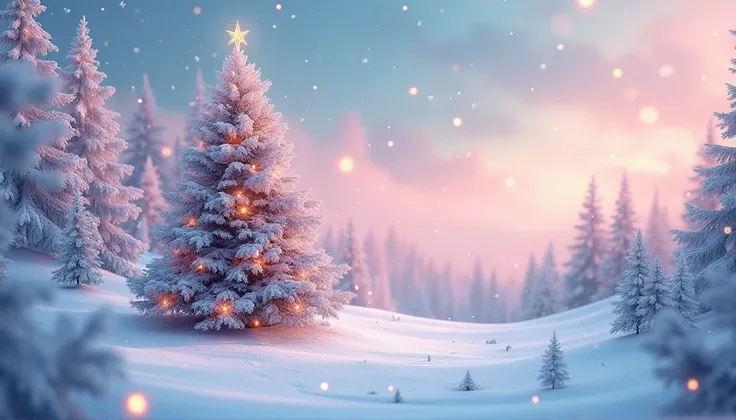 high resolution，Christmas atmosphere，Christmas tree，Pastel Landscape，dream，fairy tale，Snow Scene，Illusion，Pastel style，Watercolor style，colored sky，Snow