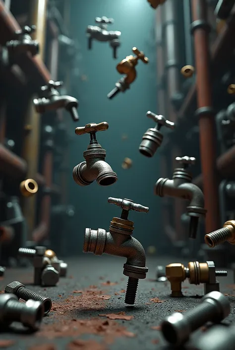 Images of multiple water taps and screws and nuts and bolts Falling .  image which justifies also mechanical theme