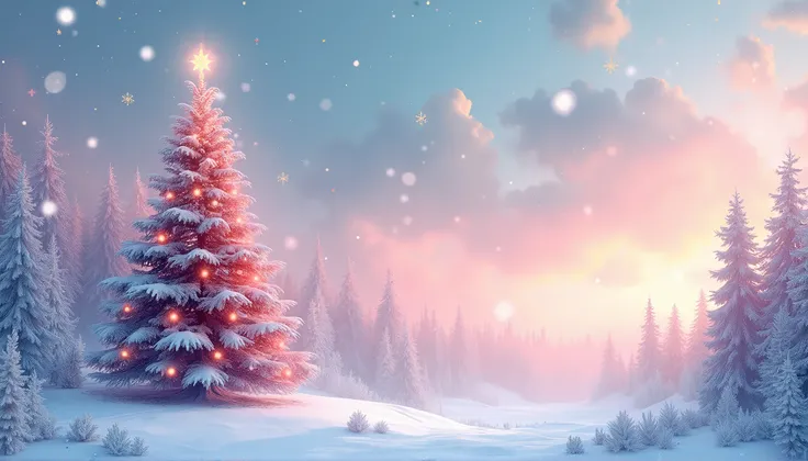 high resolution，Christmas atmosphere，Christmas tree，Pastel Landscape，dream，fairy tale，Snow Scene，Illusion，Pastel style，Watercolor style，colored sky，Snow