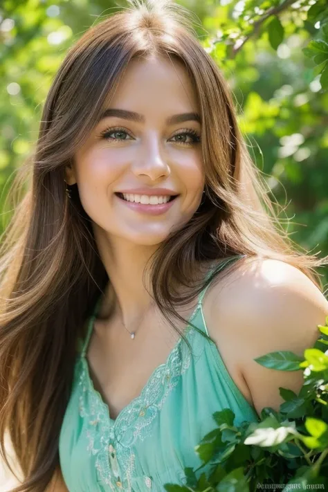 A happy Argentinian woman with a warm smile, beautiful detailed eyes, beautiful detailed lips, extremely detailed eyes and face, longeyelashes, smiling happily, violet floral dress, in a beautiful garden, lush green foliage, sunlight filtering through the ...