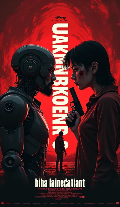 I Want a Poster - The background must be blood and robot face. In the left of the image. a man and a robot . In the right of the image. a girl with gun with blood face. In the centre of the image the title must be there - "The Unknown Number 3". In down of...